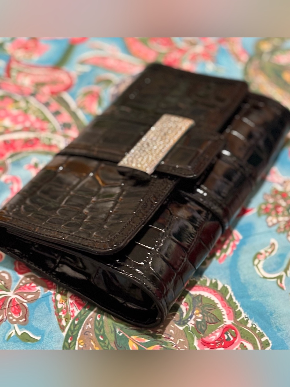 KELLY RUTHERFORD black patent RHINESTONE clutch SHOULDER BAG